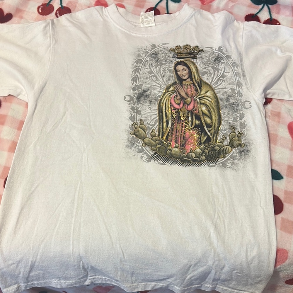 White Graphic T-Shirt with Religious Print